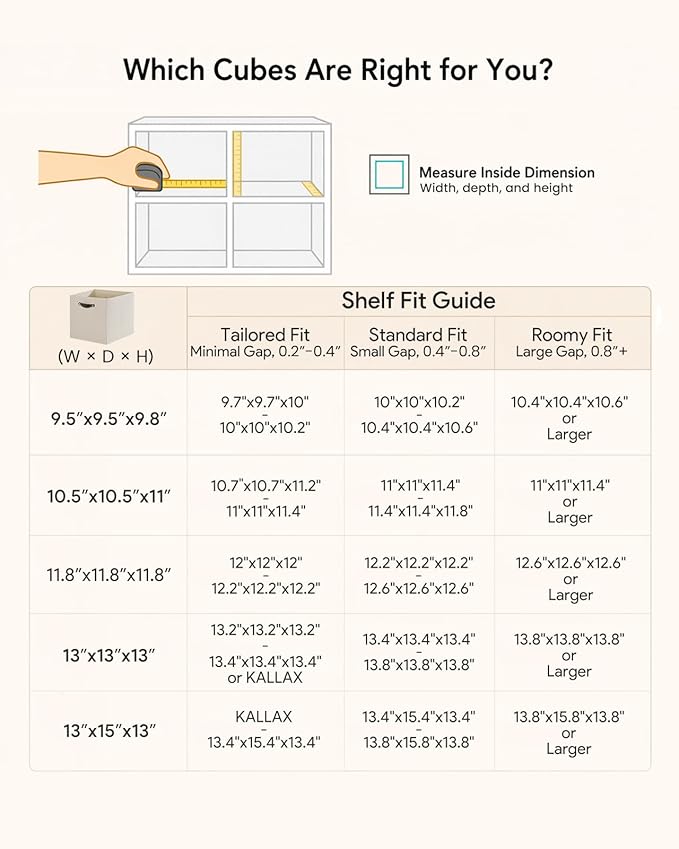 Cube Storage Bins | 13"x13"x13", Beige, 6 Pack | Multi-Size | 2X Thick Support Board | Vegan Leather Handles | 7.7 oz/yd² Fabric | 13"x13" Drawer Insert Basket