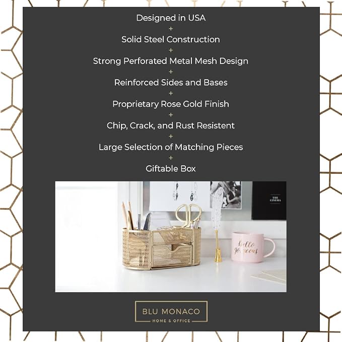 BLU MONACO | Gold Desk Organizer Set with Drawer | Metal Mesh Desk Accessories for Women | Stylish Desktop Organizer for Office Storage, Supplies & Small Stationery