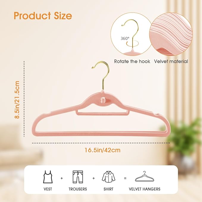 Heavy Duty Velvet Clothing Hangers, 20 Pack Light Pink - Slim Stackable Non-Slip Felt Suit Hangers with 360° Swivel Gold Hook for Dorm & Space Saving, Adult Clothes Hangers