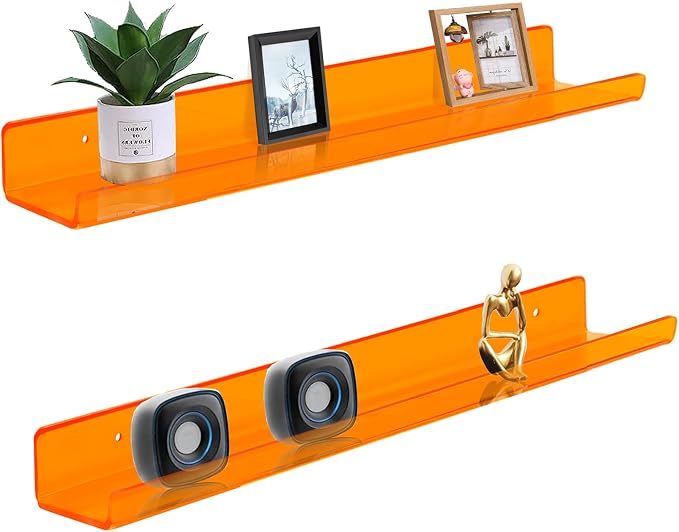 ROYALITA 2-Pack Acrylic Shelves Wall Mounted, 24 Inch Floating Shelves | for Small Items Plants Organize Wall Shelves for Gaming Room, Bedroom, Living Room, Office, Orange