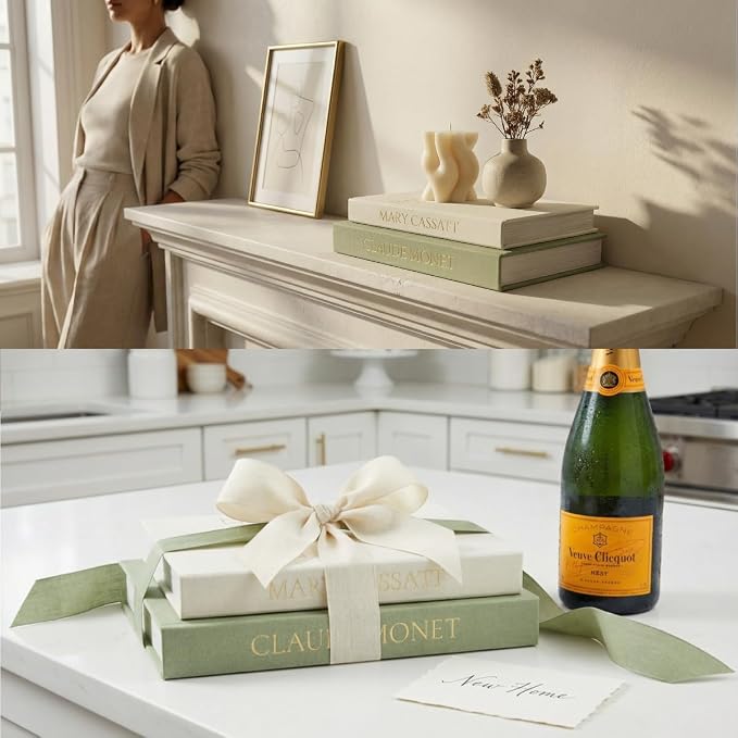 Premium Linen Faux Book Box Set of 2: Aesthetic Book Safe with Hidden Storage for Living Room Console Table & Bookshelf Decor, Home Organizer, Green & Beige, Tallest 10.67in