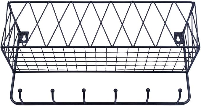 OROPY Entryway Mail Holder with Key Hooks, 14" L×4.7" W×6.5" H, Wall Mounted Matte Black Metal Wire Mesh Storage Basket with 6 Hooks, easy to Organize Letters, Magazines, Keys, Leashes for Entryway