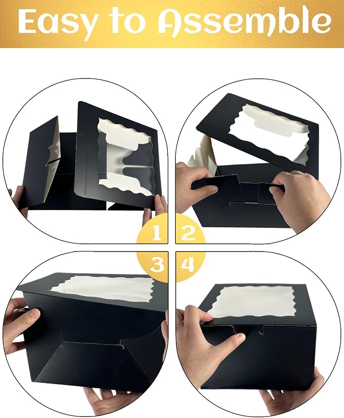 qiqee 10x10x5 Cake Box, 4 Sets Black Cake Box with Window ＆ 4 Sets 10" Black Cake Round Boards, 10inch Cake Containers