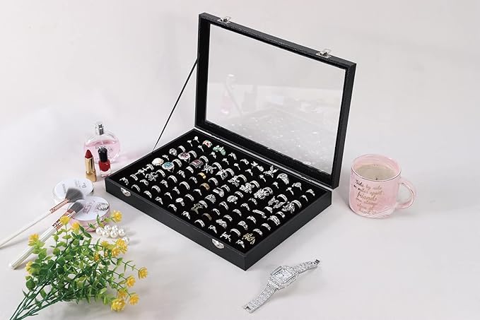 100 Slots Ring Case Organizer Display Box,Rings Holder Storage Boxes for Jewelry Showcase with Glass Lid (Black Velvet).