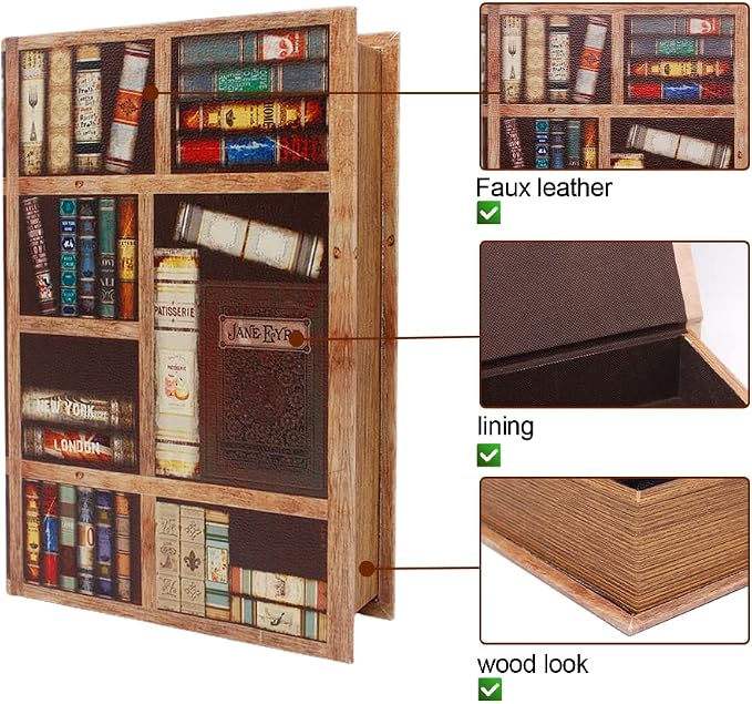PACOLO Decorative Book Boxes, Faux Wood cover Storage for Hidden Jewelry, Money, and Cash