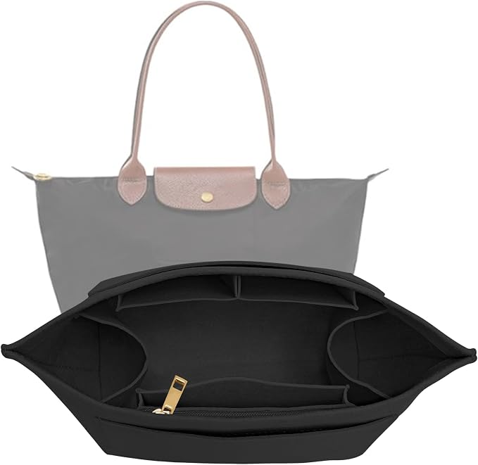 LOUKAYCCI Purse Organizer Insert for Longchamp Le Pliage S Handbag Insert Felt Long Champ Tote Bag Organizer Insert with Cup (Black, Small)