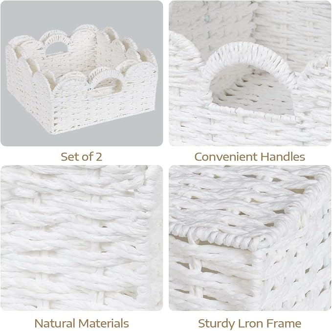 Graciadeco Scalloped Wicker Basket Natural Paper Rope Storage Baskets with Handles Handwoven Organizer Bin Wicker Storage Baskets for Home Decor, Organizing, 2 Pack (White)