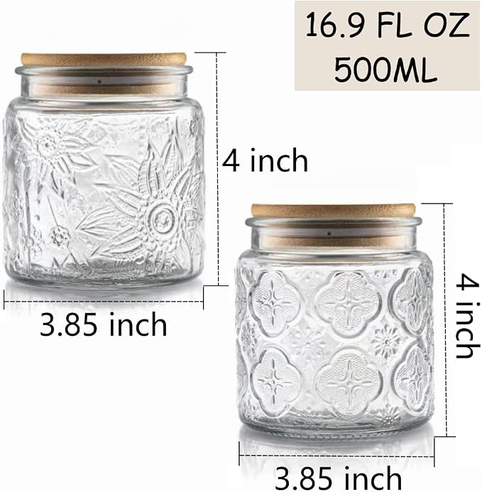 ANSQU Set of 4 Vintage Glass Airtight Storage Jars, 17 FL OZ Glass Storage Containers with Bamboo Lids, Canning Jar for Kitchen Counter, Pantry, Cookie, Coffee, Tea, Sugar, Cute Jars