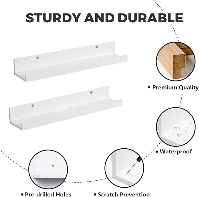 Muzilife 16" Floating Wall Ledge Shelves with Lip - Set of 2 Wood Floating Shelves - White Wall Mounted Picture Ledge for Office, Bathroom, Bedroom, Living Room, Kitchen
