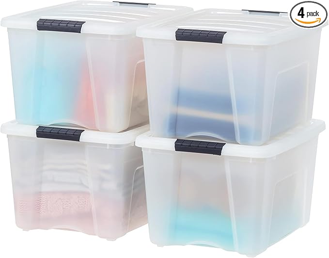 IRIS USA 40 Qt Stackable Plastic Storage Bins with Lids, 4 Pack - BPA-Free, Made in USA - Discreet Organizing Solution, Latches, Durable Nestable Containers, Secure Pull Handle - Pearl