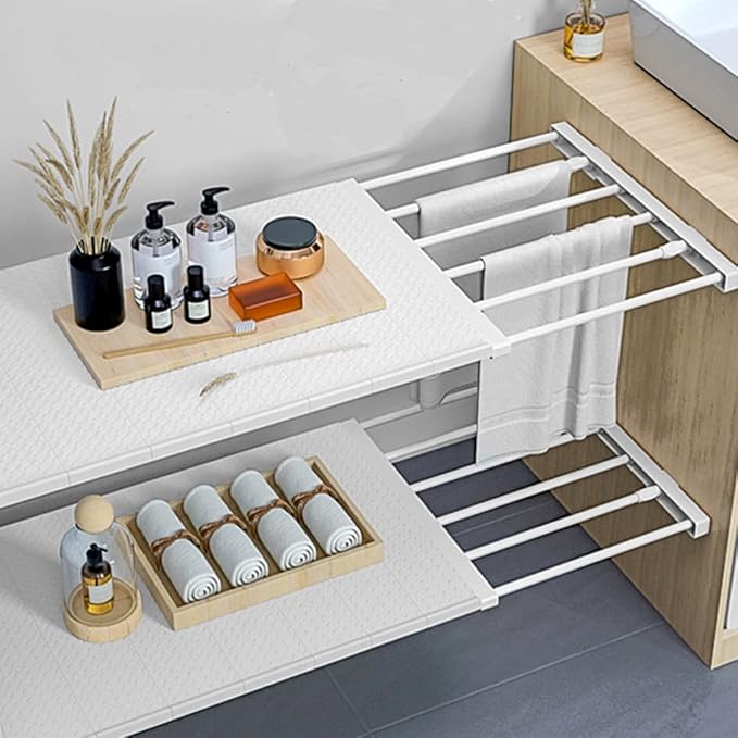 Closet Shelf Dividers Expandable Wardrobe Organizer System Tension Rod Adjustable Storage Rack Hanger Separators 9.45'' Width for Bedroom Bathroom Kitchen Bookshelf Office - White