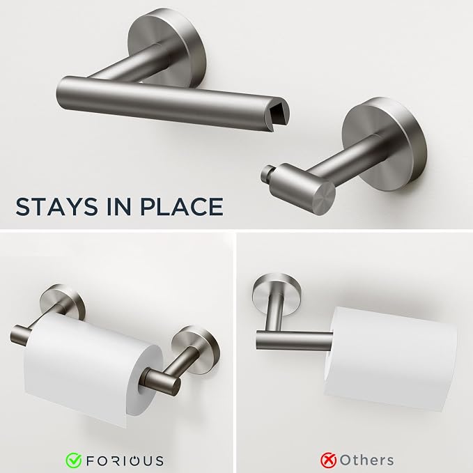 FORIOUS Toilet Paper Holder Wall Mount, SUS304 Stainless Steel Double Post Pivoting Tissue Roll Holder and Hand Towel Ring Set for Bathroom, RV, Bathroom Hardware Accessories Set, Brushed Nickel