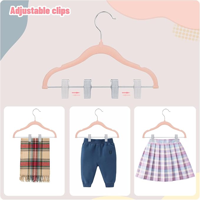 ManGotree 11.8'' Baby Velvet Hangers with Movable Clips, Non-Slip Kids Felt Hangers, Ultra-Thin Space-Saving Children's Clothes Hangers for Skirts, Pants, Dresses, Shirts, Jackets (28 Pack, Pink)