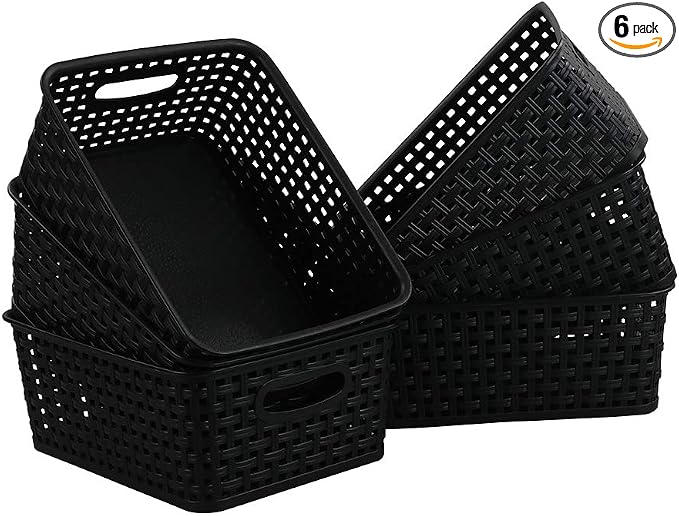Asking Plastic Weave Storage Baskets, Set of 6 Multi-use Organizer Bin, Black