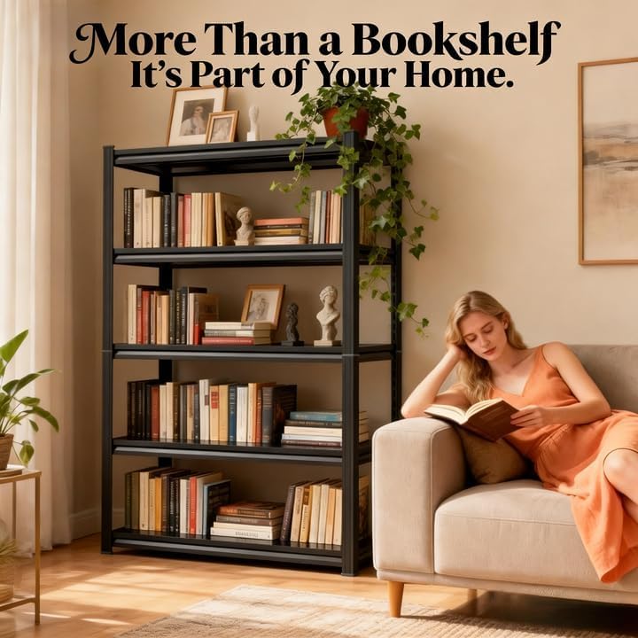 Bolt-Free Metal Bookshelf, Adjustable Tall Bookcase Freestanding Book Shelf, Heavy Duty Deep Book Shelf, Large Office Bo