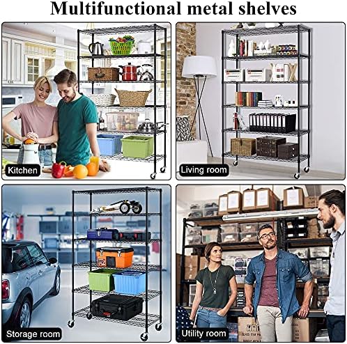 Storage Shelves 6000lbs Capacity, 6 Tier Metal Shelf on Casters 48" L×18" W×76" H Movable Heavy Duty Shelving Unit NSF W