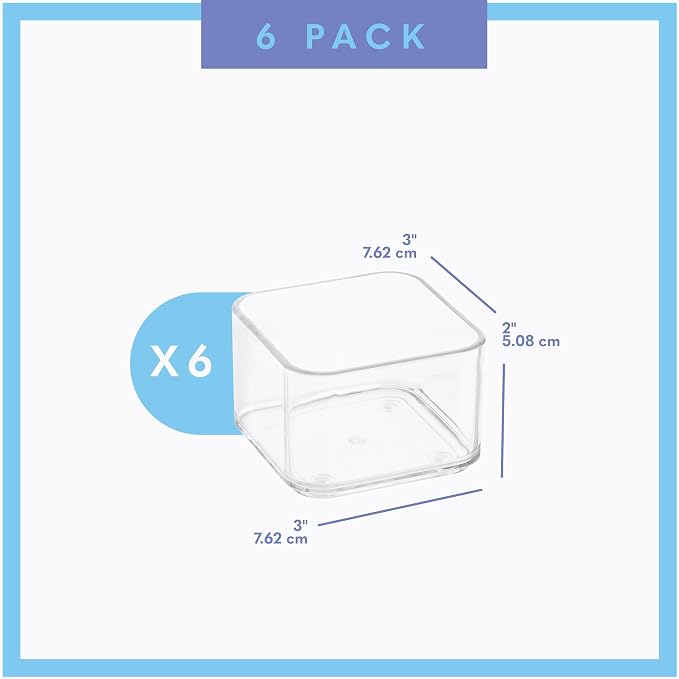 primebox Plastic Clear Acrylic Drawer Organizers. Bathroom, Kitchen, Bedroom, Utensils, Office Organizer Bins, Storage Trays. Heavy Duty, Stackable. 3" x 3" x 2" Set of 6