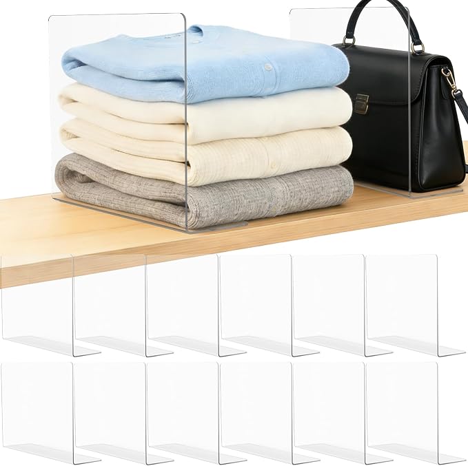 Acrylic Shelf Dividers Closet Organizers for Home Organization Enthusiasts | 12" Tall Sturdy Clear Closet Shelf Dividers for Clothes Purse pantry Separators in Bedroom Kitchen Office Shelf Space Saver