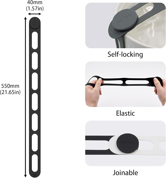FORTIDY Silicone Latch Strap for Slow Cooker Lid, Pot, Bento Box, 21.65 in Reusable Elastic Self-Lock Silicone Tie for Bundling or Organizing Curtain, Cords, Yoga Mat, Camping Mat, 4pcs (Black)