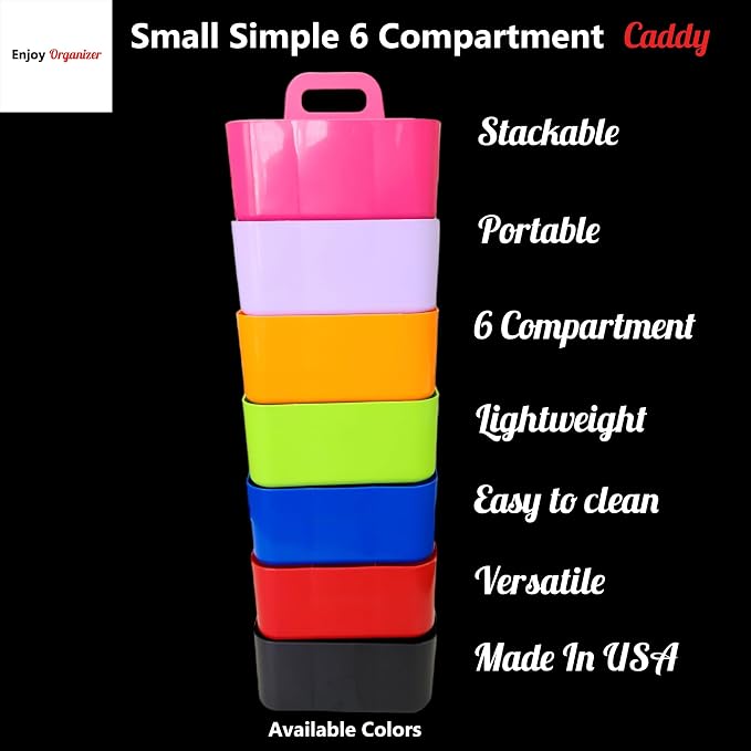 Small Stackable Plastic Caddy with Handle 6 Compartment | Desk, Makeup, Dorm Caddy, Classroom Art Organizers - 4 Pack, Made In USA (Hot Pink)