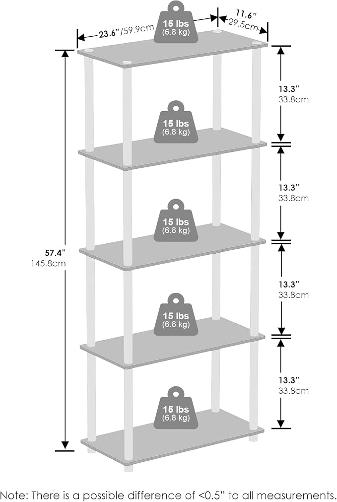 Furinno Turn-N-Tube Book Shelf, 5-Tier Bookshelf, Bookcase with Multipurpose Compact Display Rack, 11.6 x 23.6 x 57.4, for Living Room, Bedroom, Home Office, Sonoma Oak/White