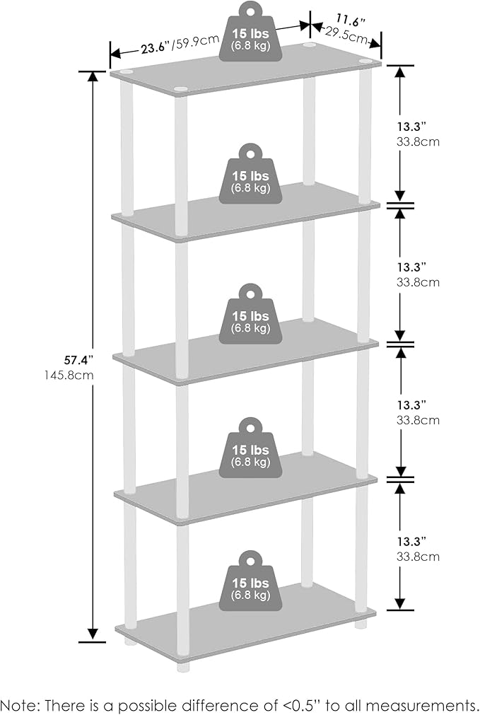 Furinno Turn-N-Tube Book Shelf, 5-Tier Bookshelf, Bookcase with Multipurpose Compact Display Rack, 11.6 x 23.6 x 57.4, for Living Room, Bedroom, Home Office, Espresso/Black