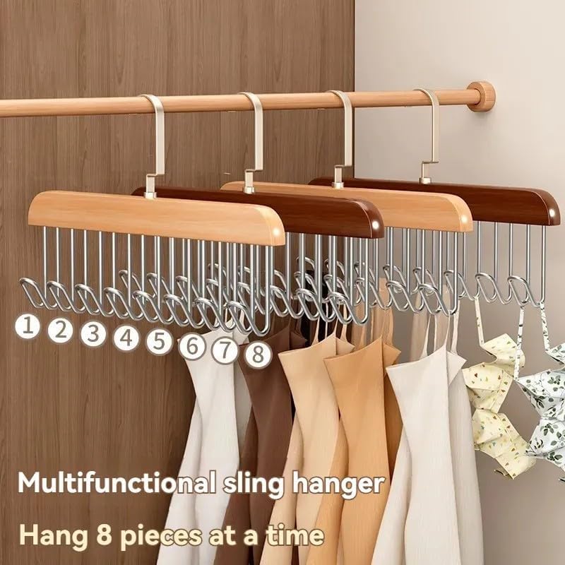 Lazer Wooden Clothes Hanger with 8 Adjustable Hooks | Multi-Purpose Wardrobe & Cupboard Organizer for Lingerie, Belts, S