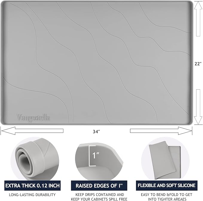 Heavy Duty Silicone Under Sink Mat for Kitchen&Bathroom 25" x 19",Waterproof Under Sink Rubber Mat Drip Tray, Raised Edge Under Sink Liner,Prevent Drips, Leaks, Spills,Grey