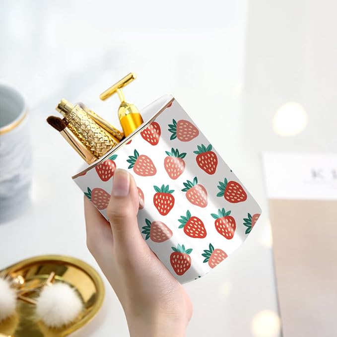 Ceramic Strawberries Pen Holder for Desk Cute Pencil Cup Desk Organizer Makeup Brush Holder for Girls, Women, Stationery for Office, Home, Daily Use, (Pink+white)