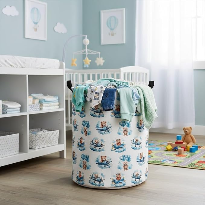 Baby Laundry Basket Baby Hamper for Nursery Girl Kids Butterfly Hamper Cute Kids Toys Storage Bin Organizer Butterfly Room Decor for Home(Bear Pilot)