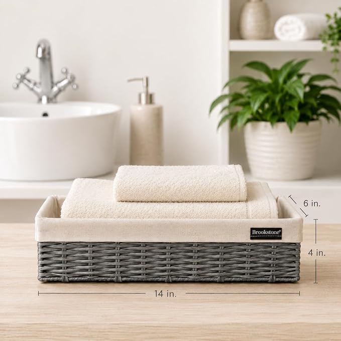Brookstone Over the Toilet Tank Wicker Storage Basket, Bathroom and Closet Organizers and Storage Bins with Fabric Liner, Grey, 2 Pack Set