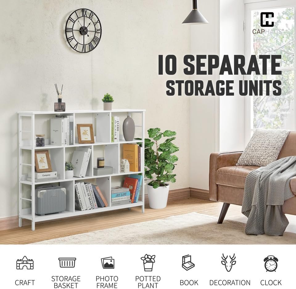 CAPHAUS 10 Cube Storage Organizer, 55” Wide 3 Tier White Industrial Open Shelf Bookcase, Display Shelf, Horizontal Books