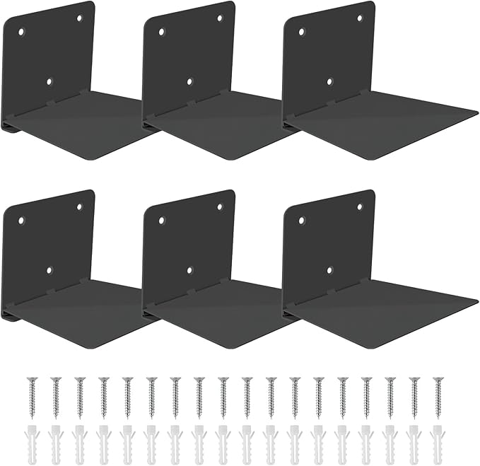 FENTEC Floating Book Shelves for Wall, Wall Mounted Invisible Floating Bookshelf, Heavy-Duty Hanging Bookshelves, Hidden Book Shelf Metal Wall Book Holder for Bedroom Home Office, 6-Pack Black