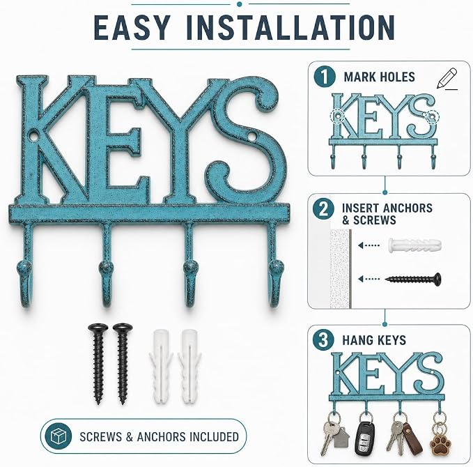 Comfify Rustic Blue Cast Iron Key Holder for Wall – Keys Sign with 4 Hooks | Rustic blue antique finish; mounting hardware included; entryway, hallway or door; 6"H x 8"L; holds 8 keychains