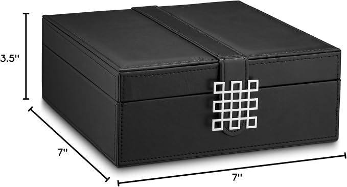 Glenor Co Ring Organizer Box - 108 Slot Classic Jewelry Display Holder - 2 Storage Trays with Modern Buckle Closure, Large Mirror - Holds Rings and Cufflinks - PU Leather Case - Black