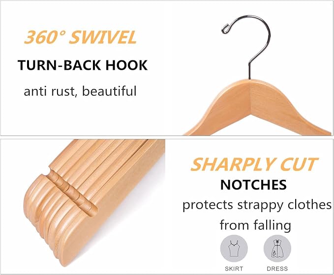 Amber Home 20 Pack Natural Wooden Shirt Hangers, Premiun Wood Coat Hangers Without bar, Clothes Hangers for Jacket, Bridal (Natural, 20)