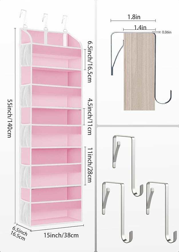 TAHAVICE 2 Pack Over the Door Storage Organizer with 5 Large Pockets | 44 lbs Weight Capacity & 10 Mesh Pockets Door Hanging Organizers and Storage for Bedroom,Bathroom,Nursery,Babyroom(Pink)