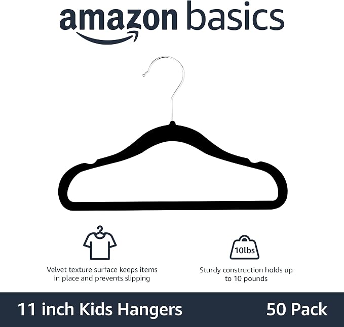 Amazon Basics Kids Space Saving Velvet Non-Slip Clothes Hangers with Shoulder Notches for Infant and Toddler, 11.6", Black, 50 Count (Pack of 4)