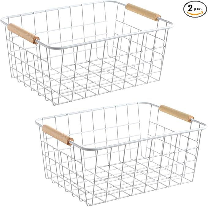 LeleCAT white wire baskets for organizing with Wooden Handles Storage Organizer Baskets, Household snack basket for Cabinets, Pantry, Closets, Bedrooms, pantry organizers and storage - Set of 2（White）