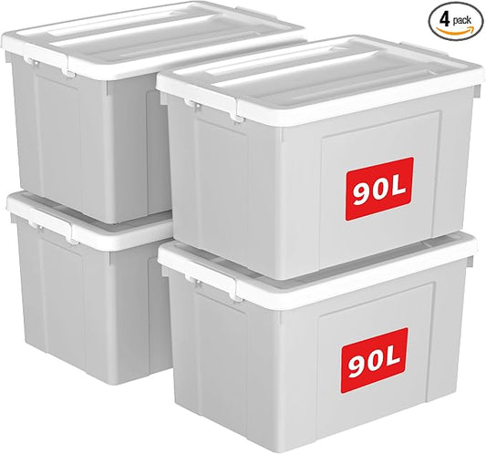Cetomo Lidded Storage Bin with Handle, Tote Organizing Container with Wheels, Lid and Secure Latching Buckles, Stackable and Nestable, Plastic, 95 Quart-4 Pack, Gray