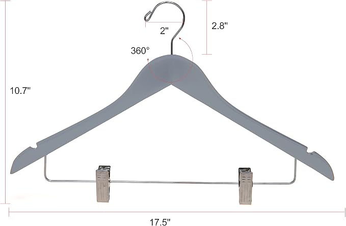Quality Wooden Skirt Hangers with Clips, 20-Pack Smooth Solid Wood Pants Hangers with Durable Adjustable Metal Clips, Swivel Hook, Coat, Jacket, Blouse Suit Hangers (Gray, 20)