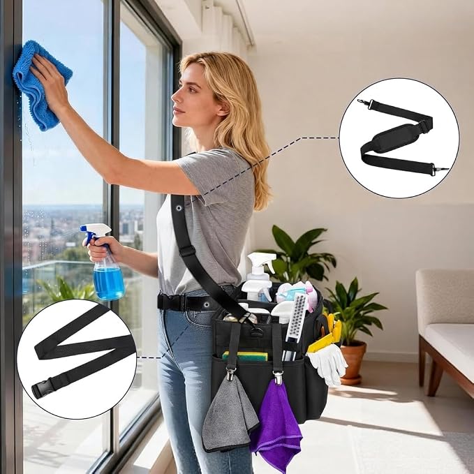 Ytonet Extra Large Cleaning Caddy Bag with 4 Foldable Dividers, Wearable Cleaning Caddy Organizer with Handle & Shoulder Strap & Waist Strap, Housekeeping Tote for Cleaners, Black Grey