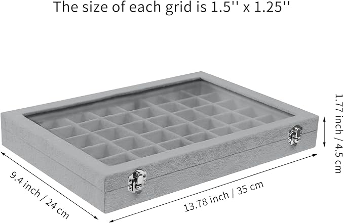 Stratalife 48 Grid Earring Organizer: Jewelry Holder Organizer Box with Clear Glass Lid, Velvet Jewelry Storage for Studs, Earrings, Rings, Necklace with Removable Dividers for Dresser, Grey