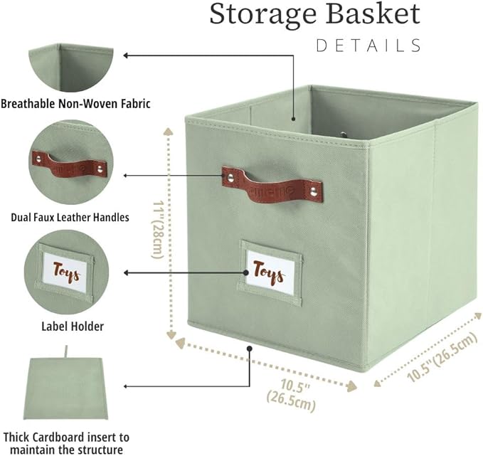 DECOMOMO Storage Bins, Cube Storage Bin with Labels | 10.5" x 11" Fabric Storage Cubes for Shelves (6pcs, Sage Green)