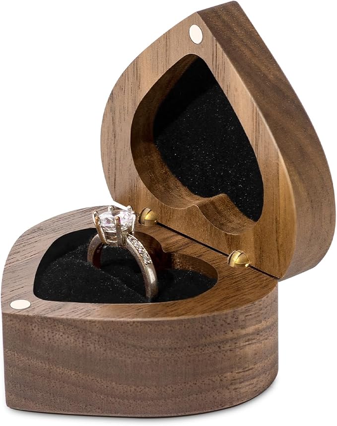 Engagement Proposal Ring Box Secret Slim Engraved Wooden Heart Case | Engrave"A Promise is Forever", Walnut Wood Ring Bearer Box Jewelry Storage Holder Display for Wedding Ceremony Commemoration