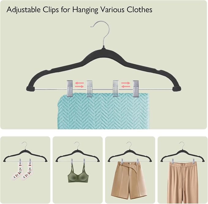 ManGotree Pants Hangers with Movable Clips, Non-Slip Velvet Skirt Hangers, Space-Saving Clothes Hangers for Pants, Skirts, Shirts, Coats, Dresses (18 Pack, Black)