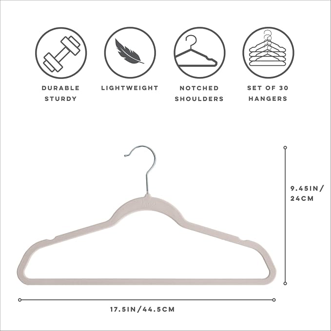 3 Sprouts - Adult Velvet Hangers - Non Slip Felt Clothing Hanger Set - Durable & Slim for Space Saving - Ideal Velvet Hangers for Organization - Lightweight Thin Clothes Hangers - Pack of 30 - Cream