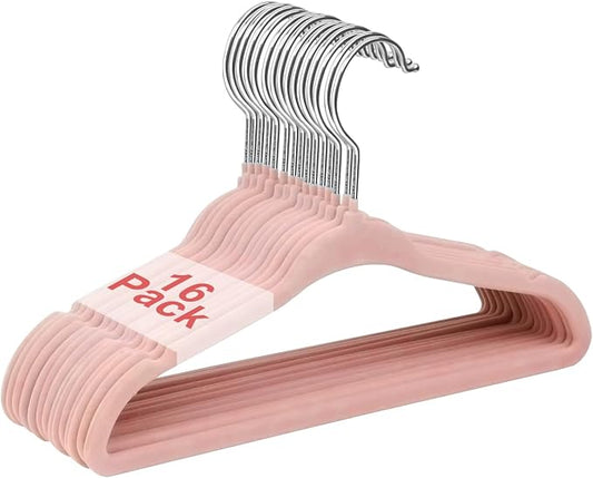 Baby Velvet Hangers, 11 Inches Kids Clothes Hangers, Non-Slip Childrens Hangers for Infant and Toddler 16 Pack Pink