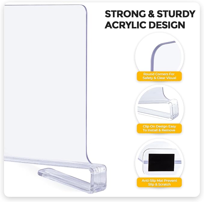 Clear Acrylic Shelf Dividers for Closets Organizer & Storage,12 Pack | Adjustable Vertical Wood Shelf Closet Separators, Keep Clean, for Clothes,Book,Bags, in Bedroom and Kitchen