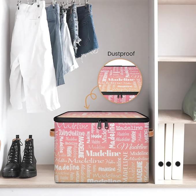 Custom Storage Basket with Name, Personalized Keepsake Box with Zipper Lid, Foldable Fabric Memory Bin Large capacity with Handle Pink Apricot